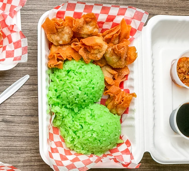 Siomai rice: fried pork siomai with green pandan rice