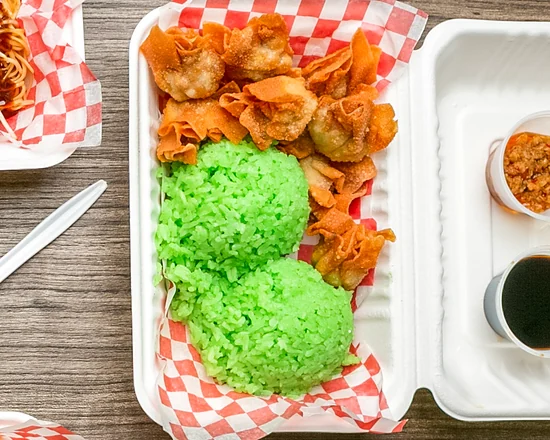 Fried pork siomai with green pandan rice