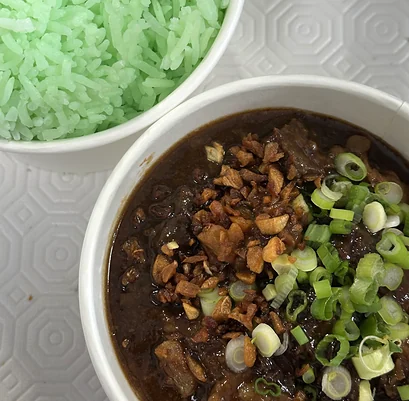 Beef pares with fried garlic and scallions and pandan rice